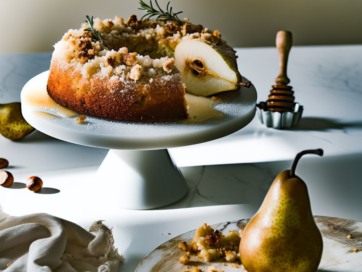 Ganzer Rosmarin-Honig-Birnenkuchen mit goldenem Haselnuss-Crumble auf rustikalem Holztisch, dekoriert mit frischen Rosmarinzweigen