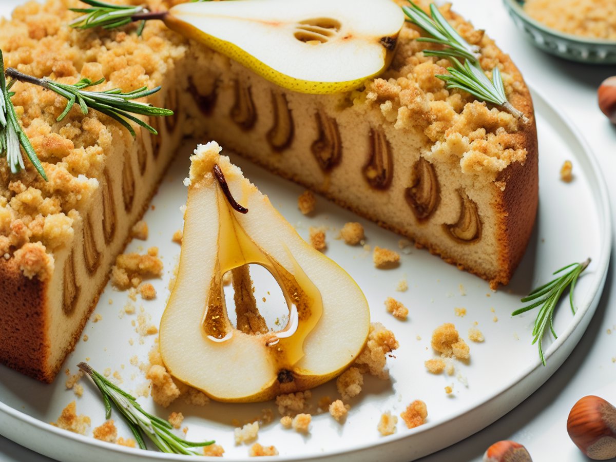 Angeschnittener Rosmarin-Honig-Birnenkuchen mit sichtbaren Birnenstücken und knusprigem Haselnuss-Crumble-Topping