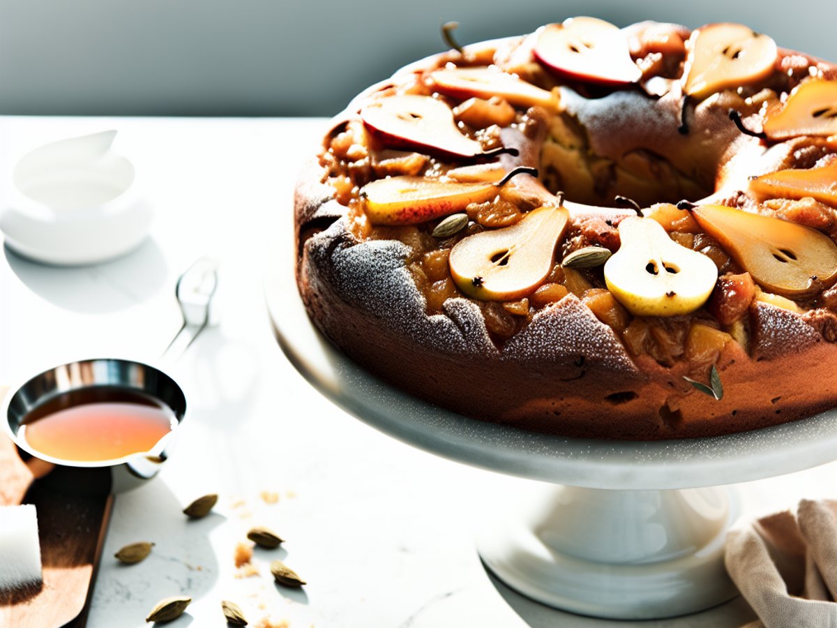 Alt-Text für Hero-Shot: Ganzer Birnen-Kardamom-Hefekuchen mit Honig-Thymian-Glasur auf rustikalem Holztisch, professionelle Food-Fotografie
