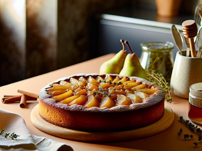 Winterlicher Birnen-Kardamom-Hefekuchen mit Honig-Thymian-Glasur