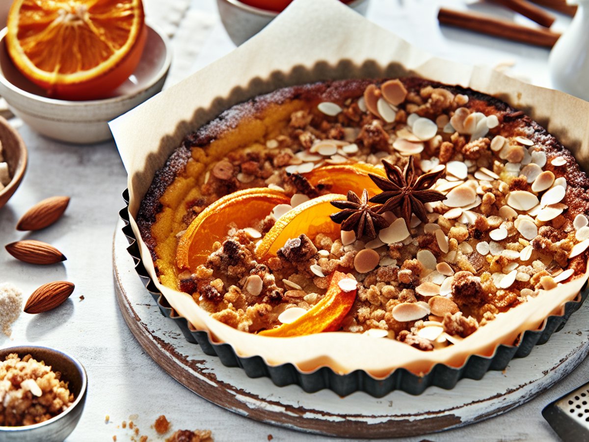 Glühwein-Sternanis-Kuchen von oben fotografiert mit festlicher Dekoration und Zimtstangen