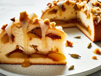 Winterlicher Birnen-Kardamom-Streuselkuchen mit Orangenblüten-Honig