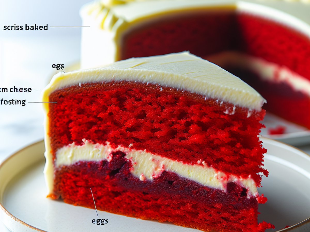 Amerikanischer Red Velvet Cake - Nahaufnahme eines Stücks mit sichtbarer Textur