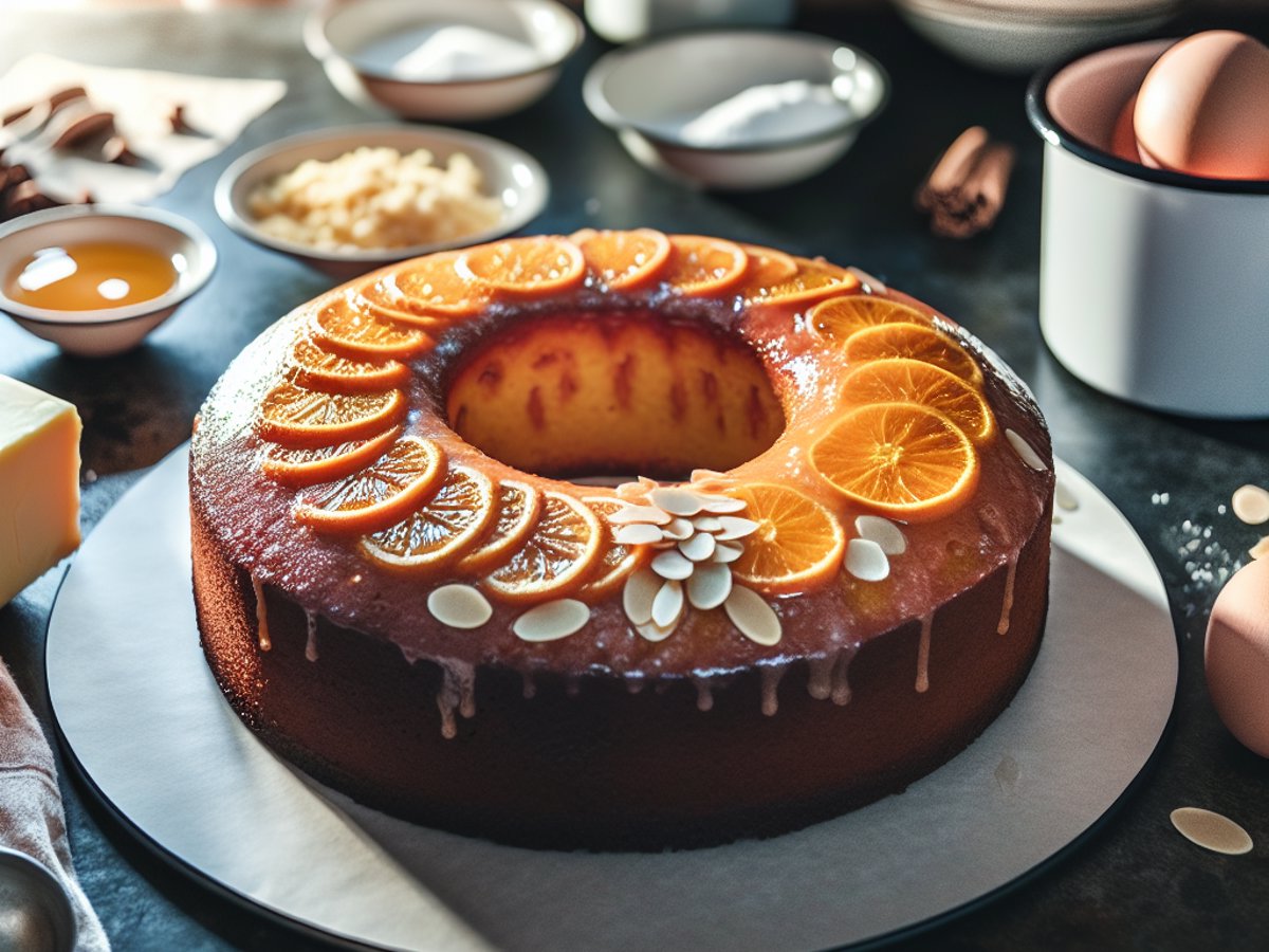 Gewürz-Orangenkuchen von oben auf festlicher Kuchenplatte mit Orangenscheiben dekoriert