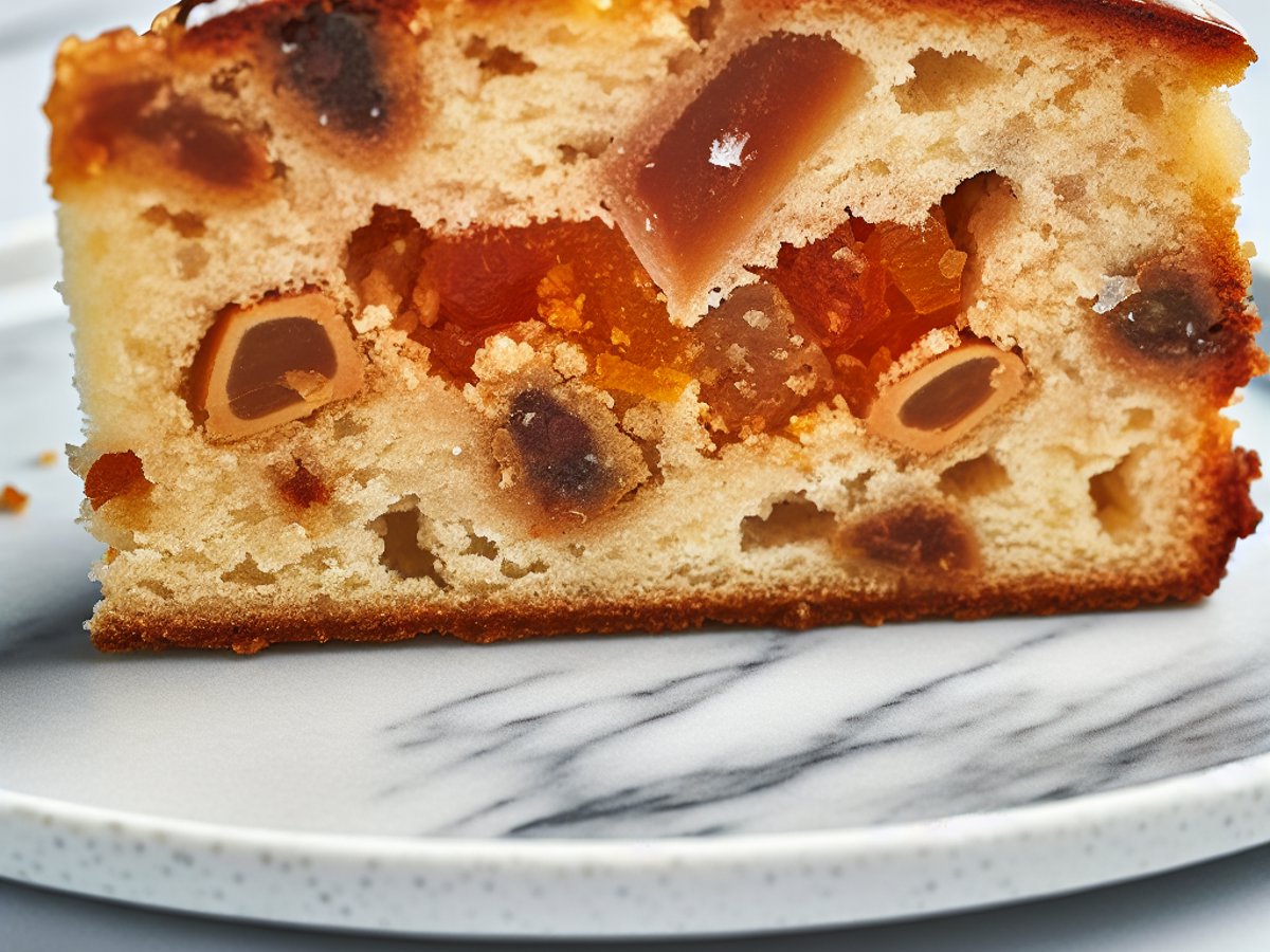 Angeschnittener Gewürz-Orangenkuchen mit sichtbarem Marzipan-Kern und saftiger Krume