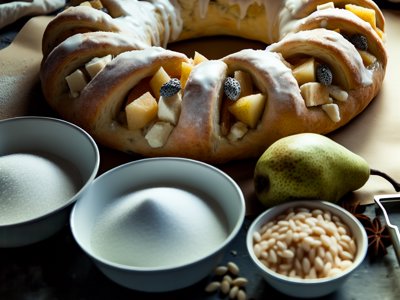 Winterlicher Tonka-Birnen-Hefekranz mit Mohn-Marzipan-Füllung