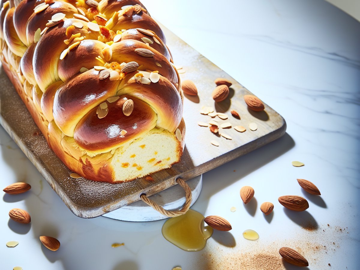 Ganzer winterlicher Kardamom-Honig-Hefezopf mit gerösteten Mandeln auf rustikalem Holztisch, professionelle Food-Fotografie