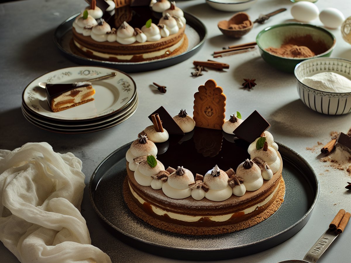 Glühwein-Mascarpone-Kuchen von der Seite auf rustikalem Holztisch mit Zimtstangen und Sternanis dekoriert