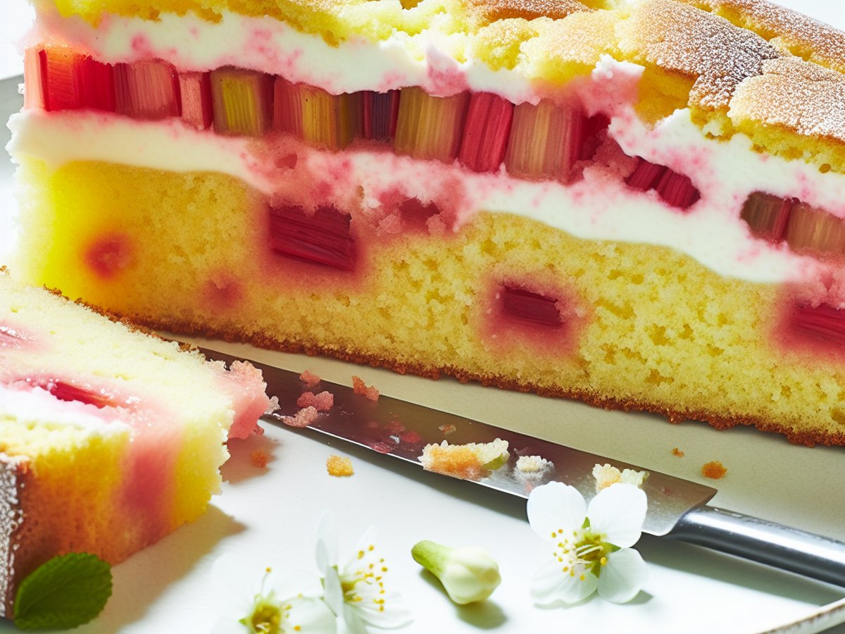 Angeschnittene Rhabarber-Erdbeer-Zitronen-Torte mit sichtbaren fruchtigen Schichten und luftigem Holunderblüten-Rahm zwischen den Biskuitböden