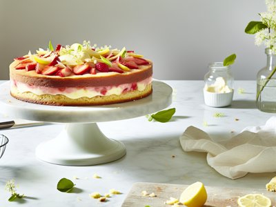Rhabarber-Erdbeer-Zitronen-Mousse-Torte mit Holunderblüten-Rahm