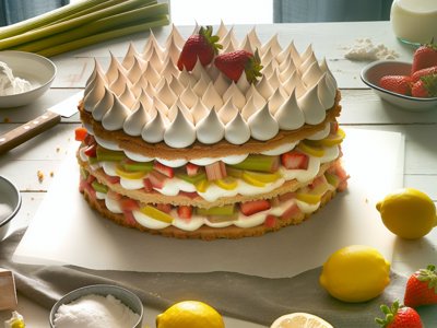 Rhabarber-Erdbeer-Zitronen-Baiser-Torte mit Holunderblüten-Quark