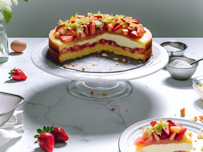 Rhabarber-Erdbeer-Zitronen-Schichttorte mit Holunderblüten-Mousse