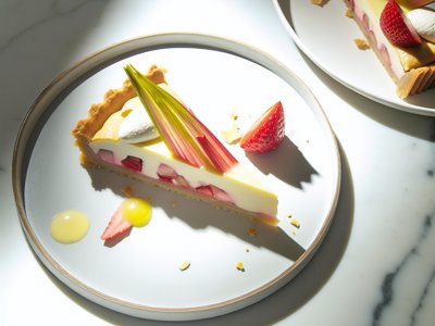 Rhabarber-Erdbeer-Zitronen-Mousse-Tarte mit Holunderblüten-Mascarpone