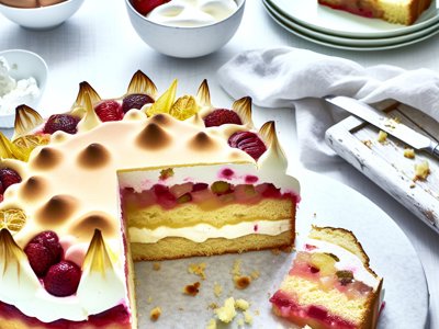 Rhabarber-Erdbeer-Zitronen-Baiser-Schichttorte mit Holunderblüten-Quark