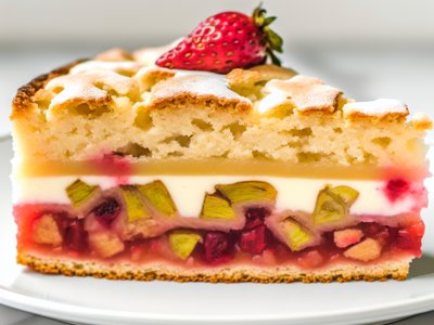 Rhabarber-Erdbeer-Zitronen-Baiser-Schichttorte mit Holunderblüten-Quark