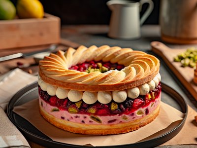 Rhabarber-Erdbeer-Zitronenverbene-Biskuitrolle mit Holunderblüten-Quark-Mousse