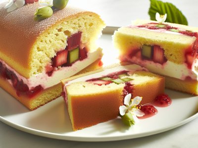 Rhabarber-Erdbeer-Zitronenverbene-Biskuitrolle mit Holunderblüten-Quark-Mousse