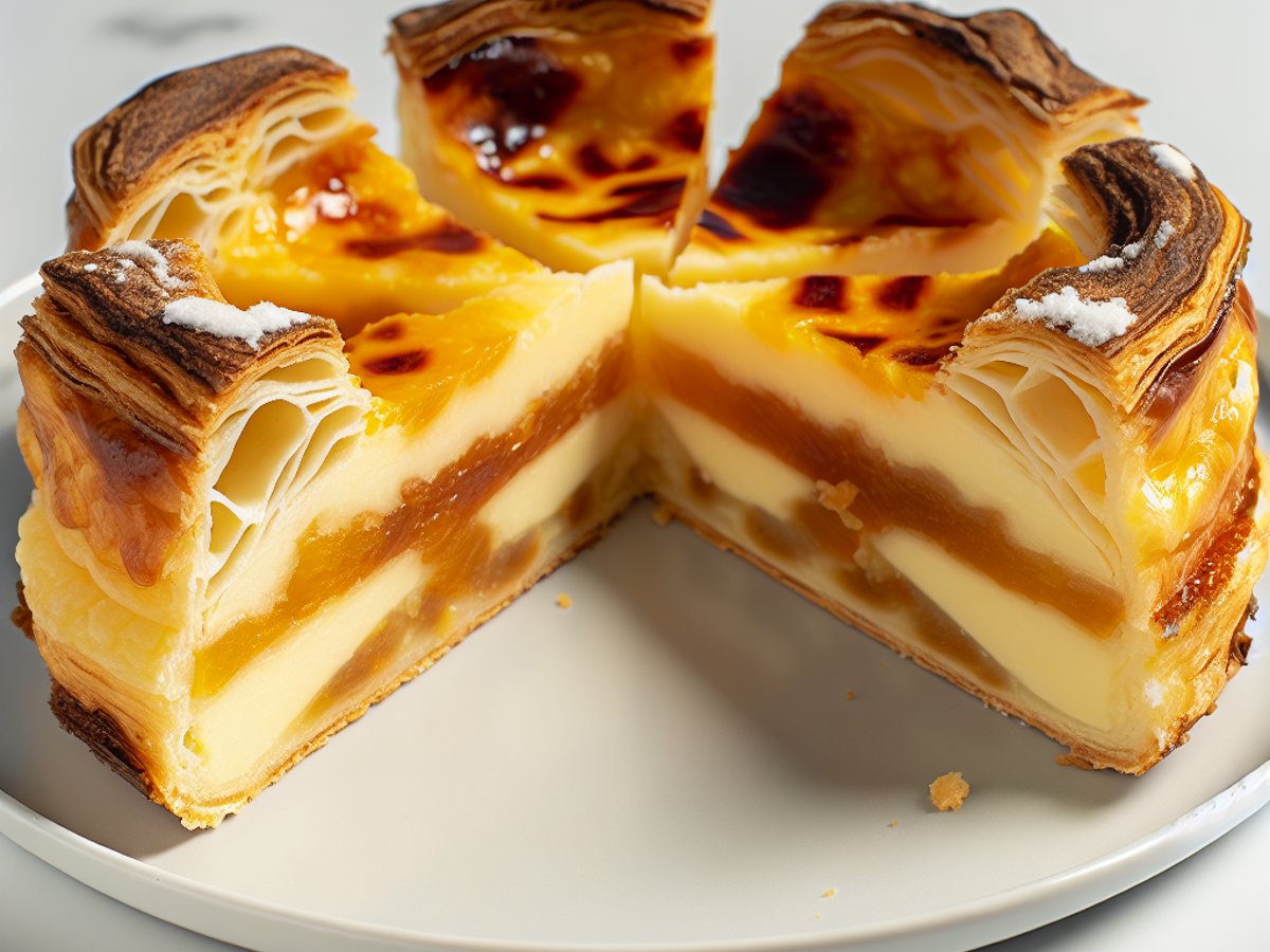 Portugiesische Pastéis de Nata Torte - Nahaufnahme eines Stücks mit sichtbarer Textur