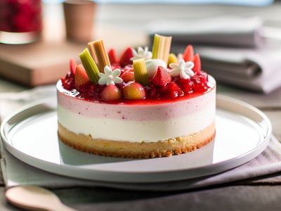Frühlingsfrische Holunderblüten-Joghurt-Mousse-Torte mit Rhabarber-Erdbeer-Kompott
