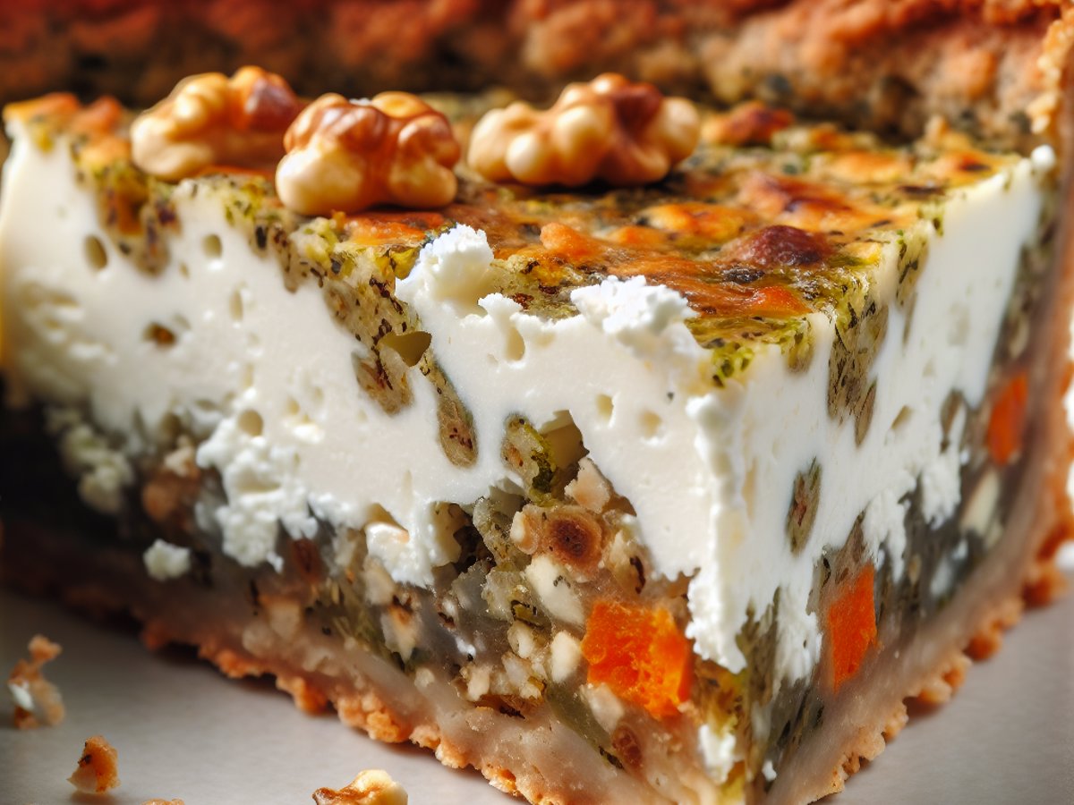 Angeschnittene Quiche mit sichtbarer cremiger Bärlauch-Ziegenkäse-Füllung und nussigem Rüebli-Boden