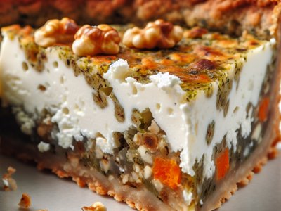 Frühlings-Bärlauch-Ziegenkäse-Quiche mit Rüebli-Walnuss-Boden