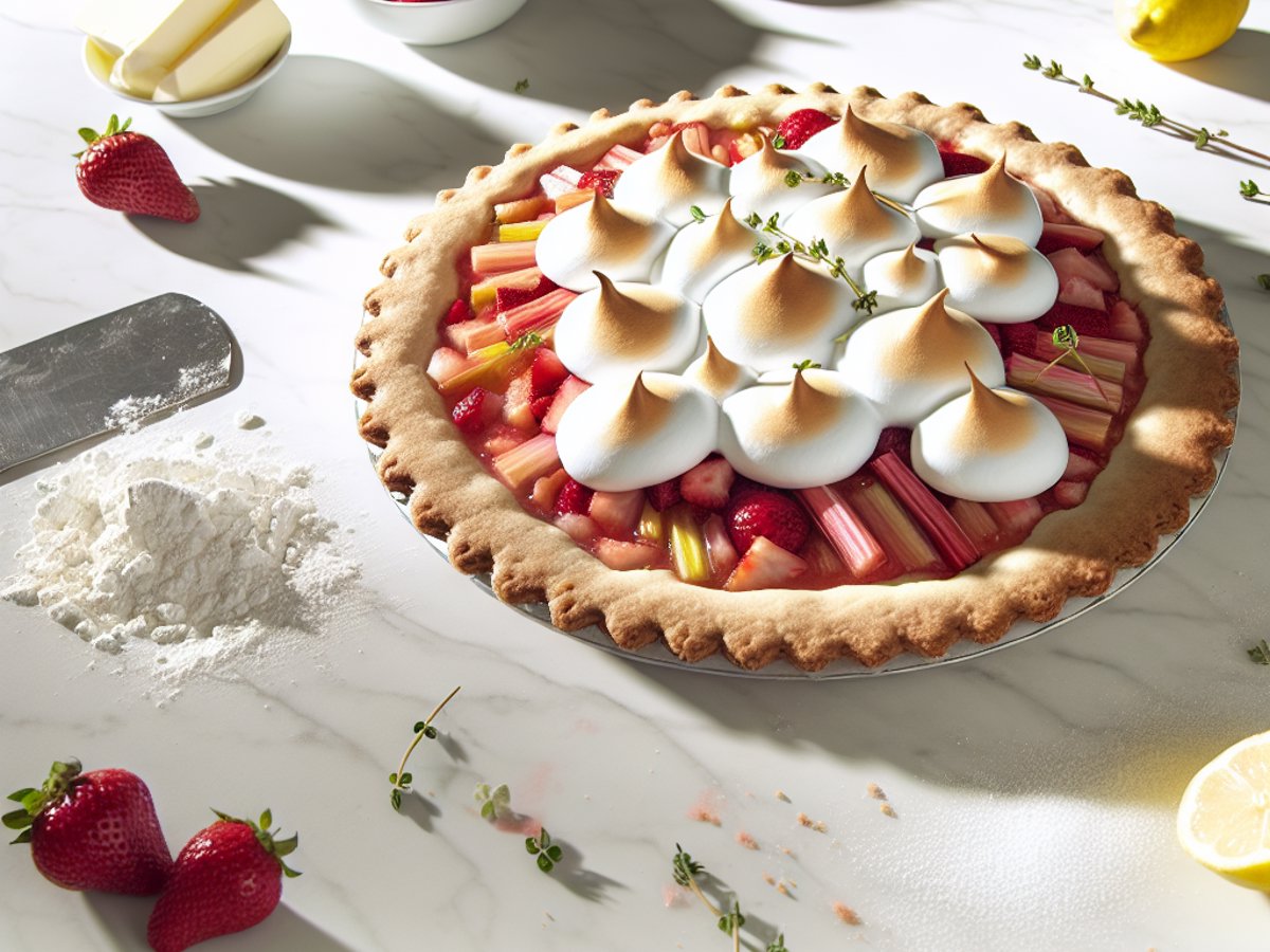 Ganze Rhabarber-Erdbeer-Zitronenthymian-Tarte mit goldbrauner Baiser-Haube auf rustikalem Holztisch