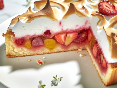 Frühlingsfrische Rhabarber-Erdbeer-Zitronenthymian-Tarte mit Baiser-Haube