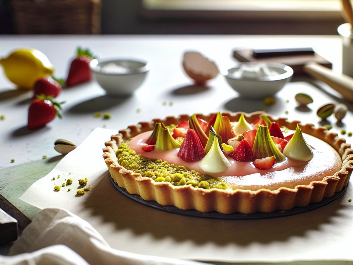 Rhabarber-Erdbeer-Tarte von oben fotografiert auf rustikalem Holztisch mit frischen Früchten als Dekoration