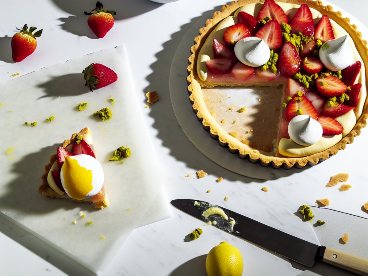 Ganze Rhabarber-Erdbeer-Tarte mit goldbraunem Pistazien-Baiser auf weissem Kuchenteller, elegant angerichtet