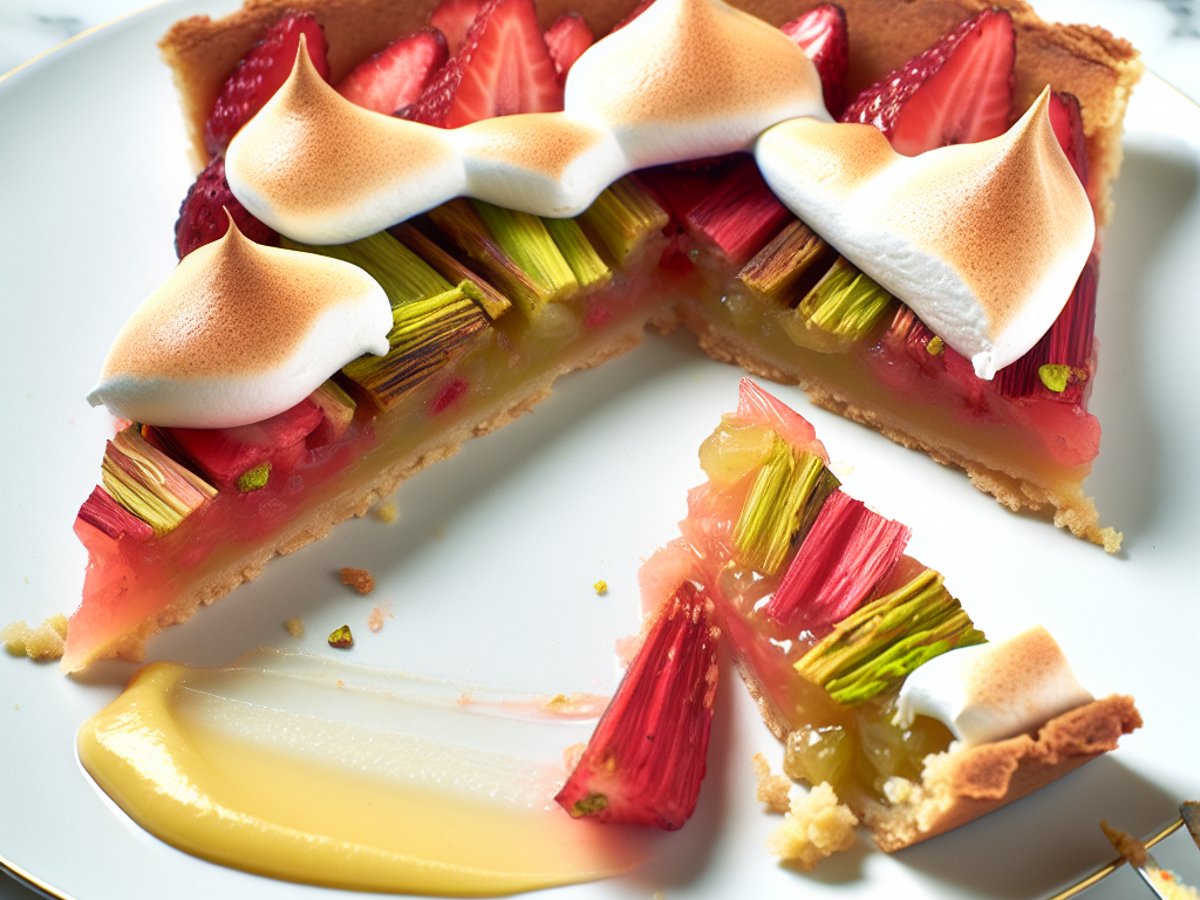 Angeschnittene Rhabarber-Erdbeer-Tarte mit sichtbarem Zitronencurd, Fruchtschichten und luftigem Baiser