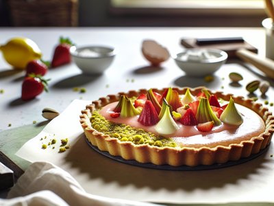 Frühlingsfrische Rhabarber-Erdbeer-Tarte mit Zitronencurd und Pistazien-Baiser