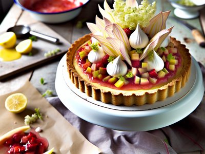 Frühlingsfrische Rhabarber-Erdbeer-Tarte mit Zitronencurd und Holunderblüten-Baiser