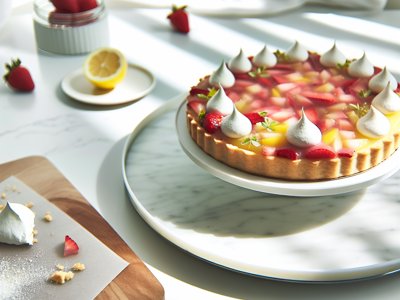 Frühlingsfrische Rhabarber-Erdbeer-Tarte mit Zitronencurd und Holunderblüten-Baiser
