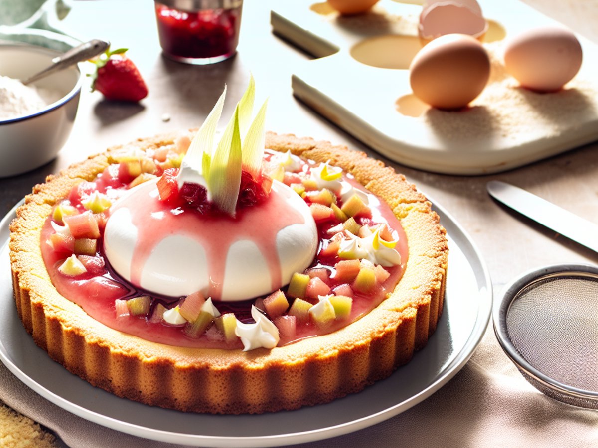 Holunderblüten-Mascarpone-Torte von oben fotografiert auf rustikalem Holztisch mit Frühlingsblumen