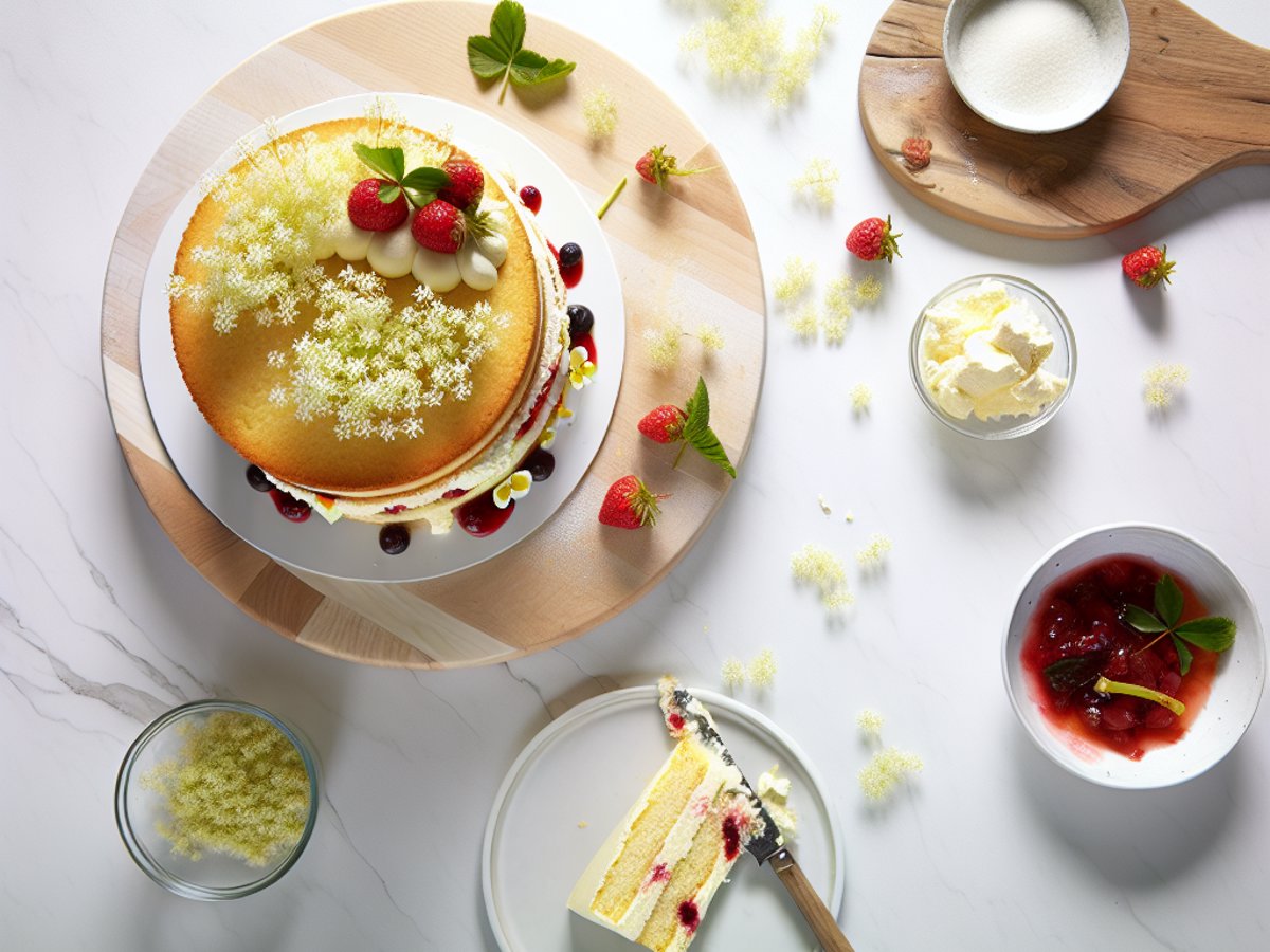 Ganze Holunderblüten-Mascarpone-Torte auf weisser Kuchenplatte mit frischen Holunderblüten dekoriert