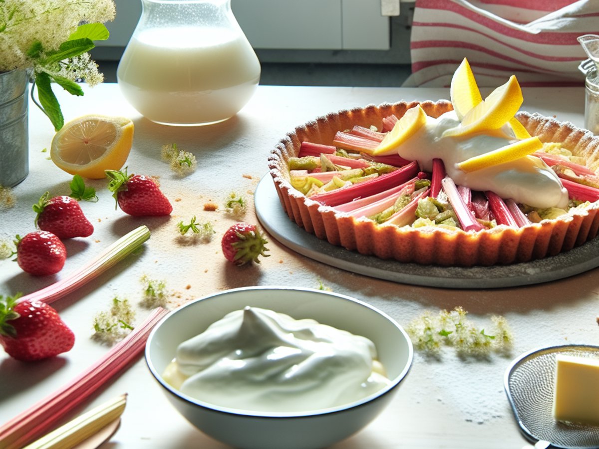 Rhabarber-Erdbeer-Zitronen-Tarte von oben fotografiert mit frischen Holunderblüten als Dekoration