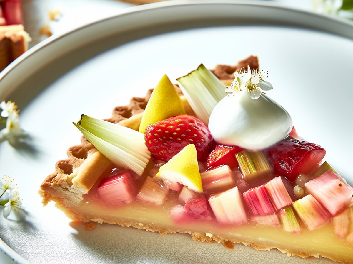Angeschnittene Rhabarber-Erdbeer-Tarte mit sichtbarer Schichtung und luftiger Holunderblüten-Mousse