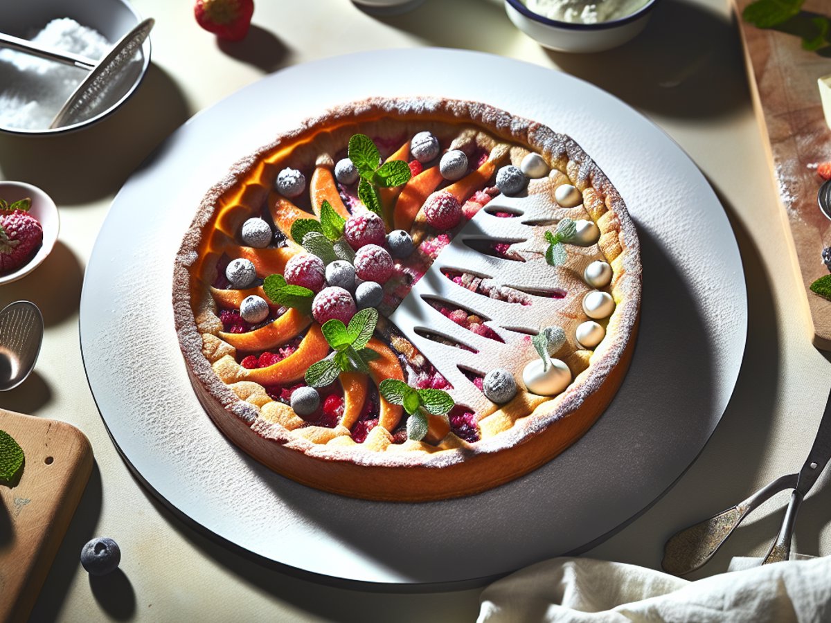 Rhabarber-Himbeer-Tarte von oben fotografiert auf rustikalem Holztisch mit Frühlingsblumen im Hintergrund