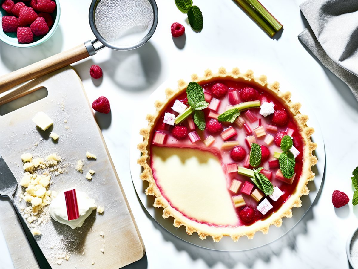 Frühlingsfrische Rhabarber-Himbeer-Tarte mit Vanille-Quark-Mousse auf weisser Kuchenplatte, dekoriert mit frischen Beeren und Minze