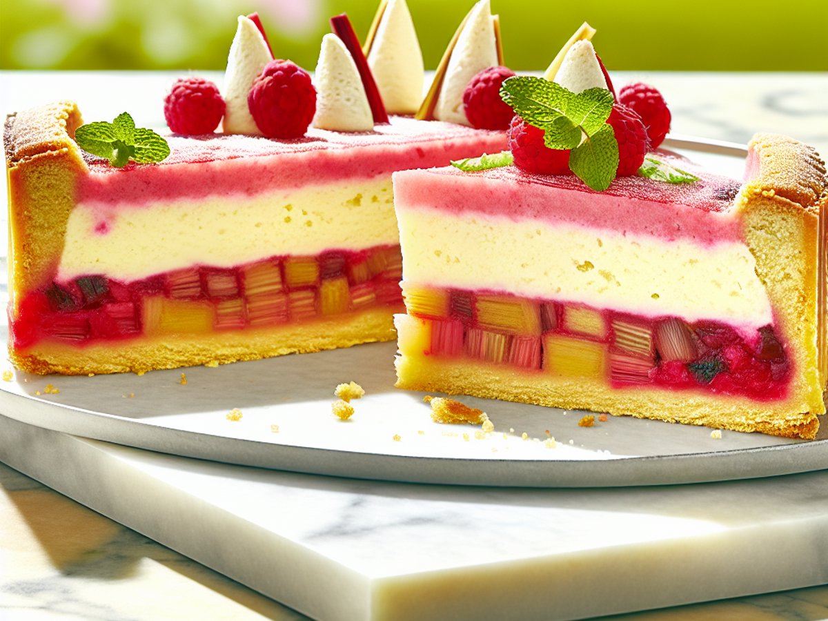 Angeschnittene Rhabarber-Himbeer-Tarte mit sichtbaren Schichten aus Mürbteig, Fruchtfüllung und luftiger Quark-Mousse