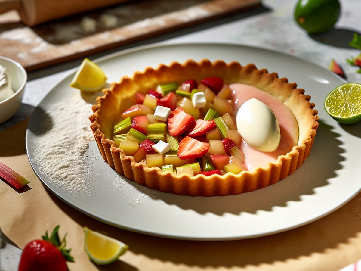 Rhabarber-Erdbeer-Tarte von oben fotografiert auf rustikalem Holztisch mit frischen Früchten als Dekoration