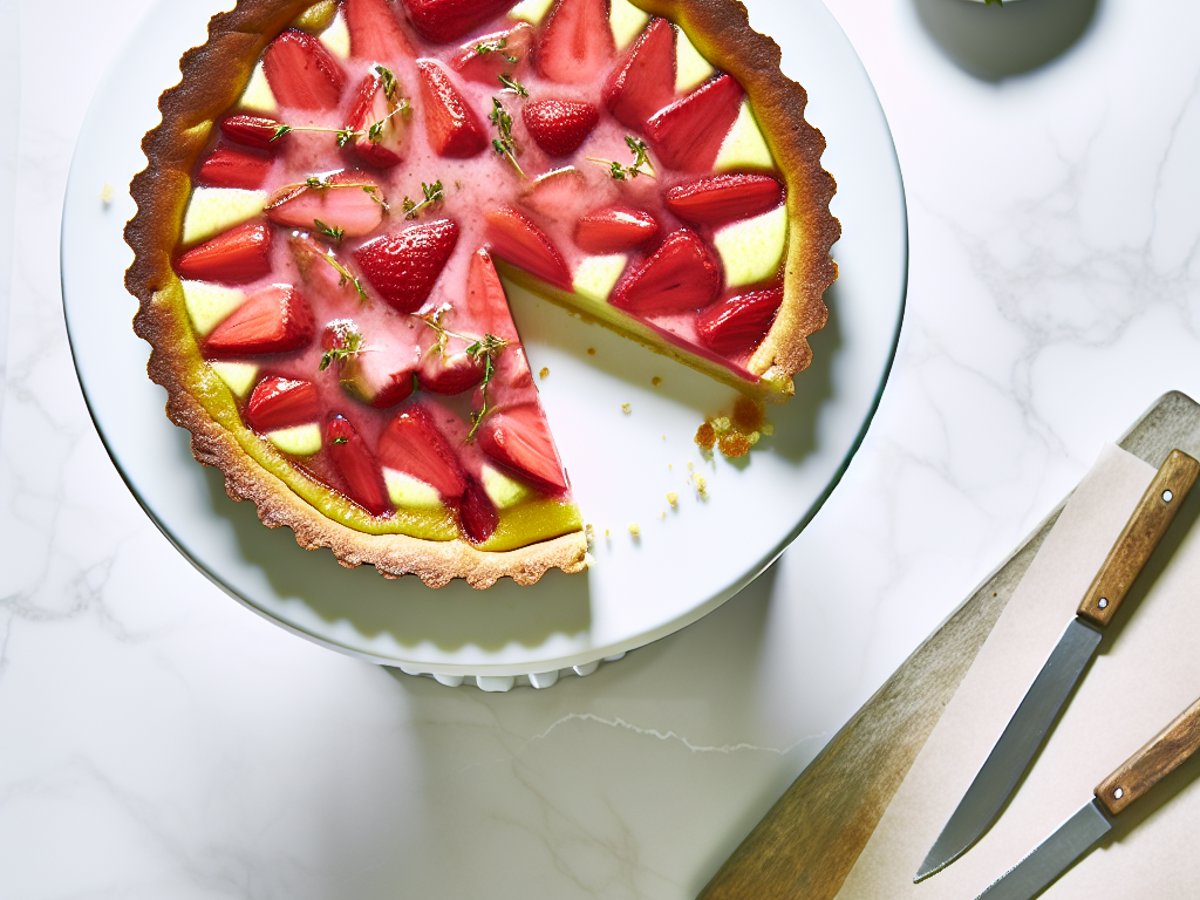 Ganze Rhabarber-Erdbeer-Tarte mit Limetten-Thymian-Curd auf weissem Kuchenständer, dekoriert mit frischen Thymianblättern