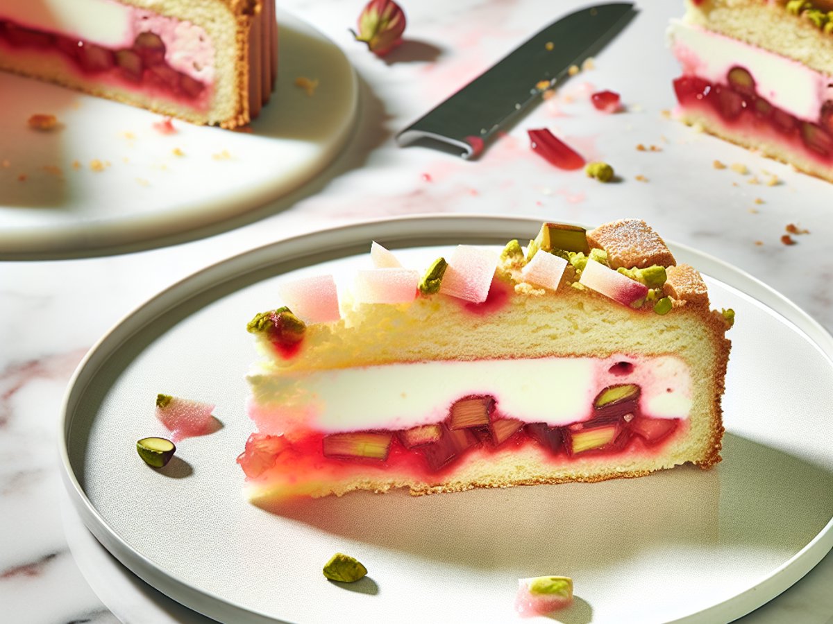 Angeschnittene Rhabarber-Erdbeer-Mascarpone-Torte mit sichtbaren Fruchtschichten und cremiger Füllung