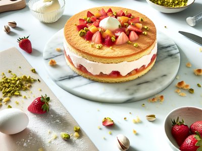 Frühlingsfrische Rhabarber-Erdbeer-Mascarpone-Torte mit Pistazien-Baiser