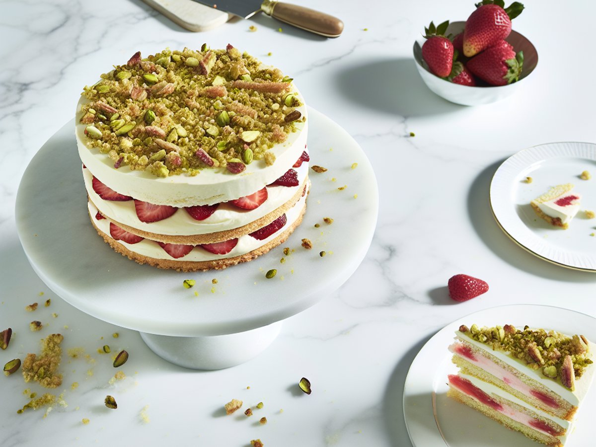 Ganze Rhabarber-Erdbeer-Mascarpone-Schichttorte mit Pistazien-Honig-Crumble auf weisser Kuchenplatte, elegante Food-Fotografie