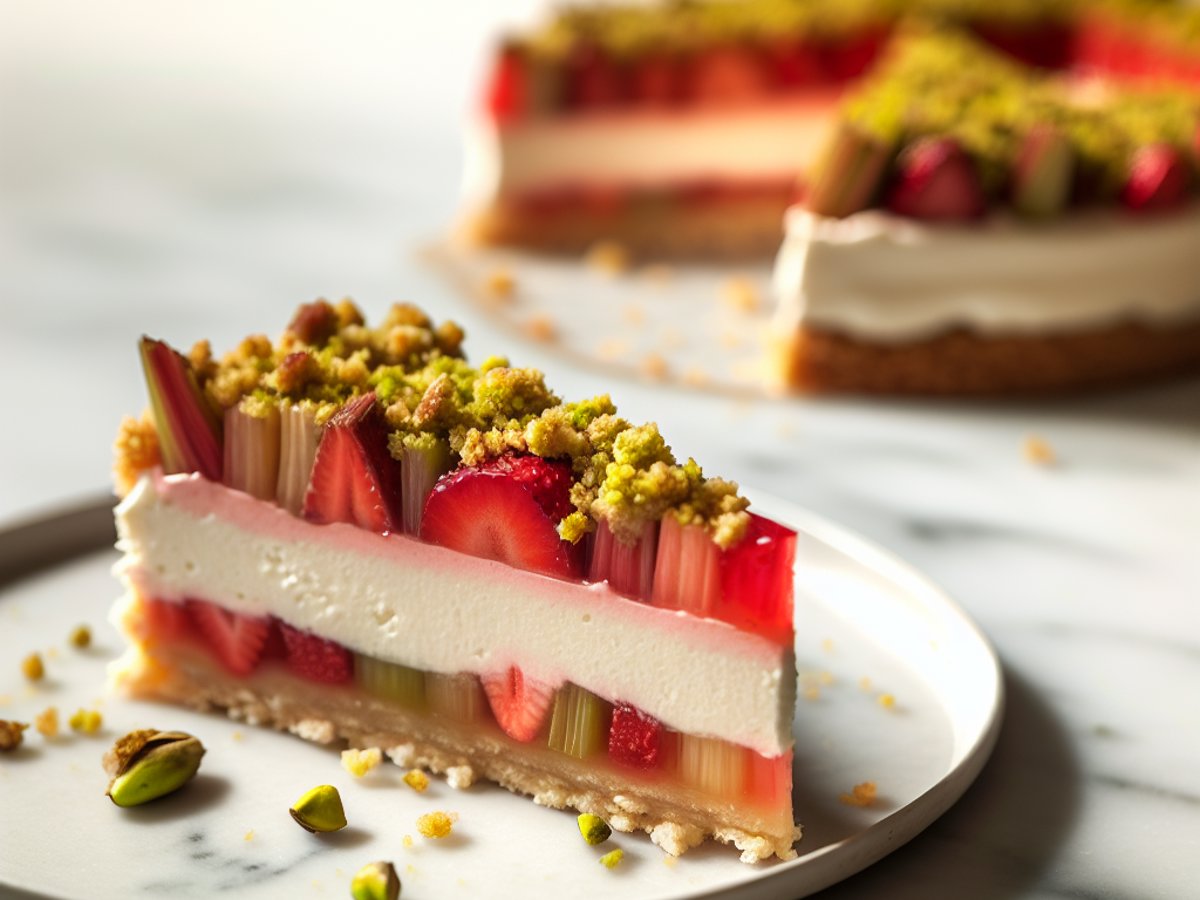 Angeschnittene Rhabarber-Erdbeer-Mascarpone-Torte mit sichtbaren Schichten aus Biskuit, Kompott und cremiger Mousse