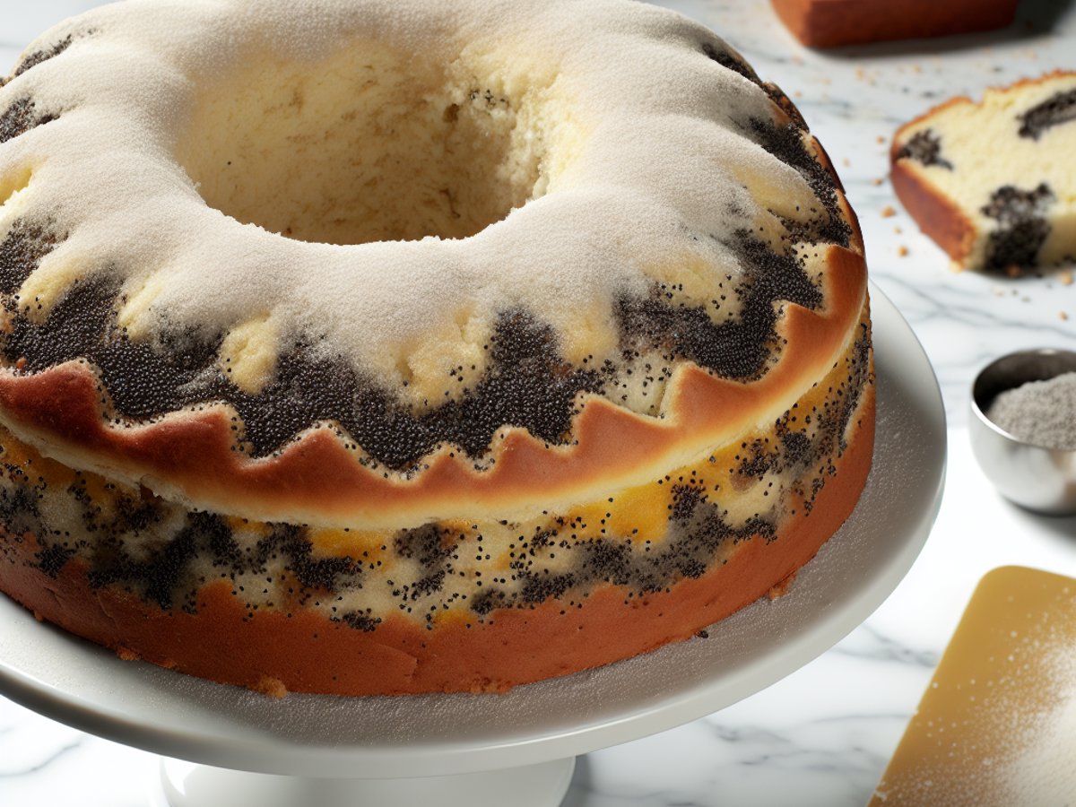 Polnischer Mohnkuchen (Makowiec) - Ganzer Kuchen auf eleganter Kuchenplatte