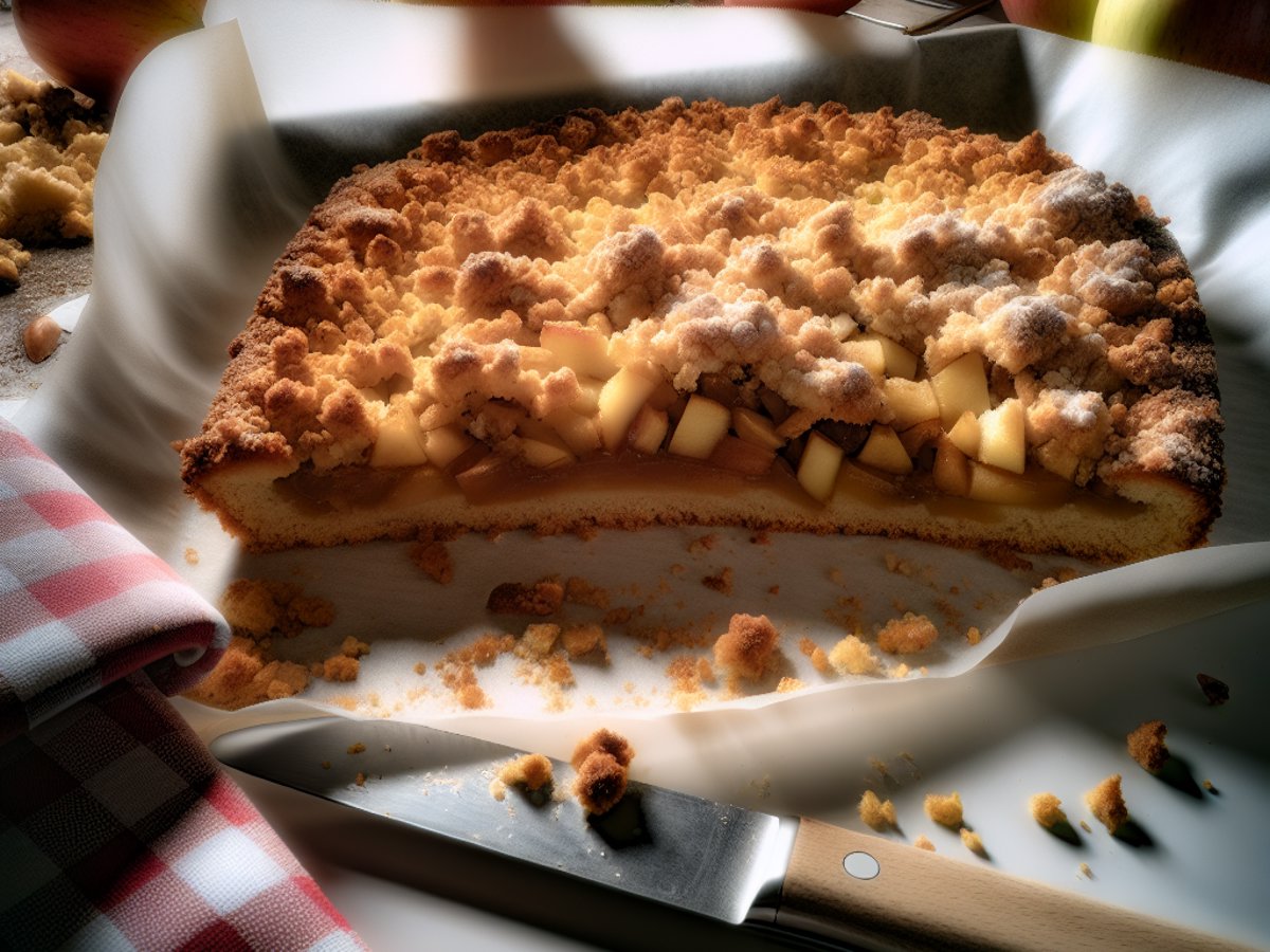 Apfelkuchen mit Streuseln - Alternative Ansicht in gemütlichem Setting