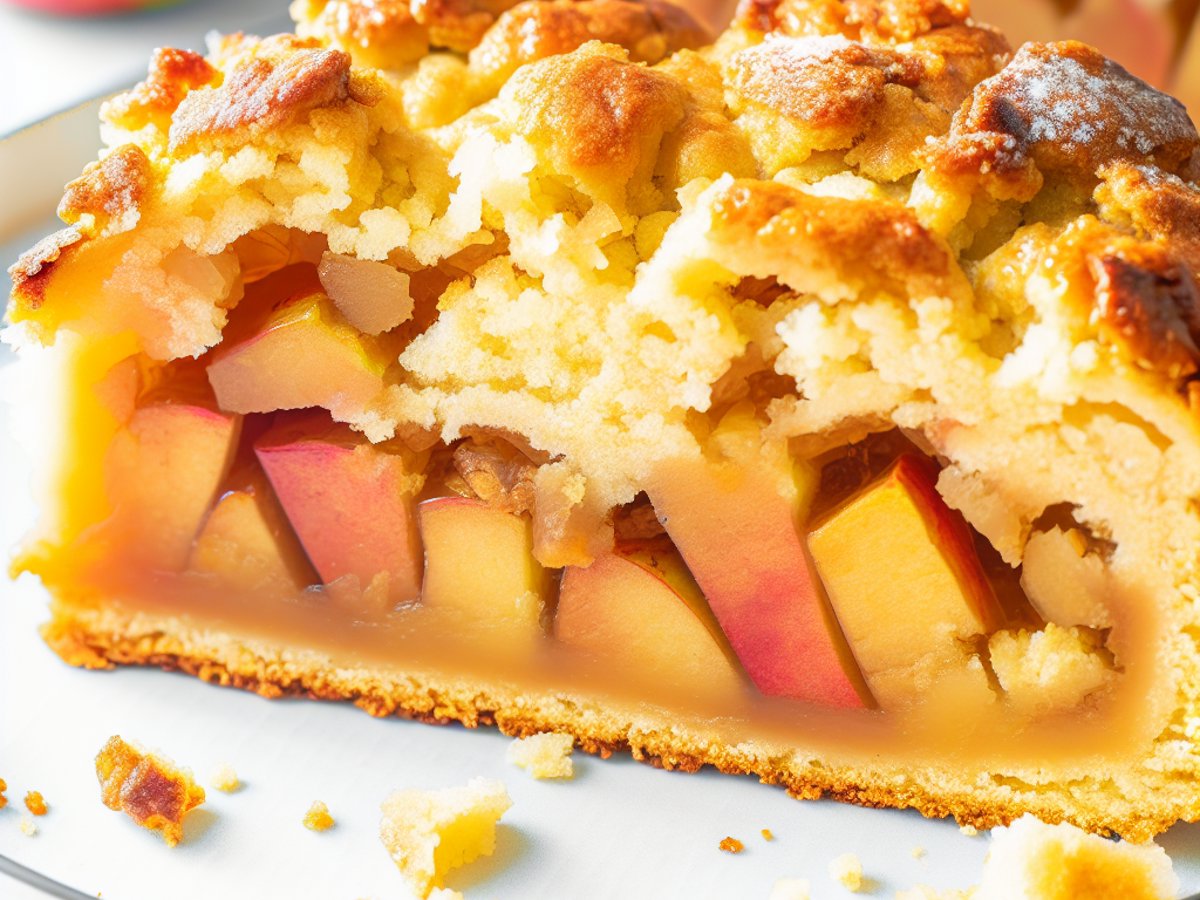 Apfelkuchen mit Streuseln - Nahaufnahme eines Stücks mit sichtbarer Textur