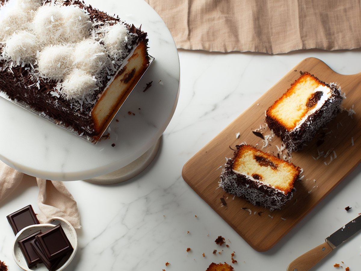 Australische Lamington-Torte - Ganzer Kuchen auf eleganter Kuchenplatte